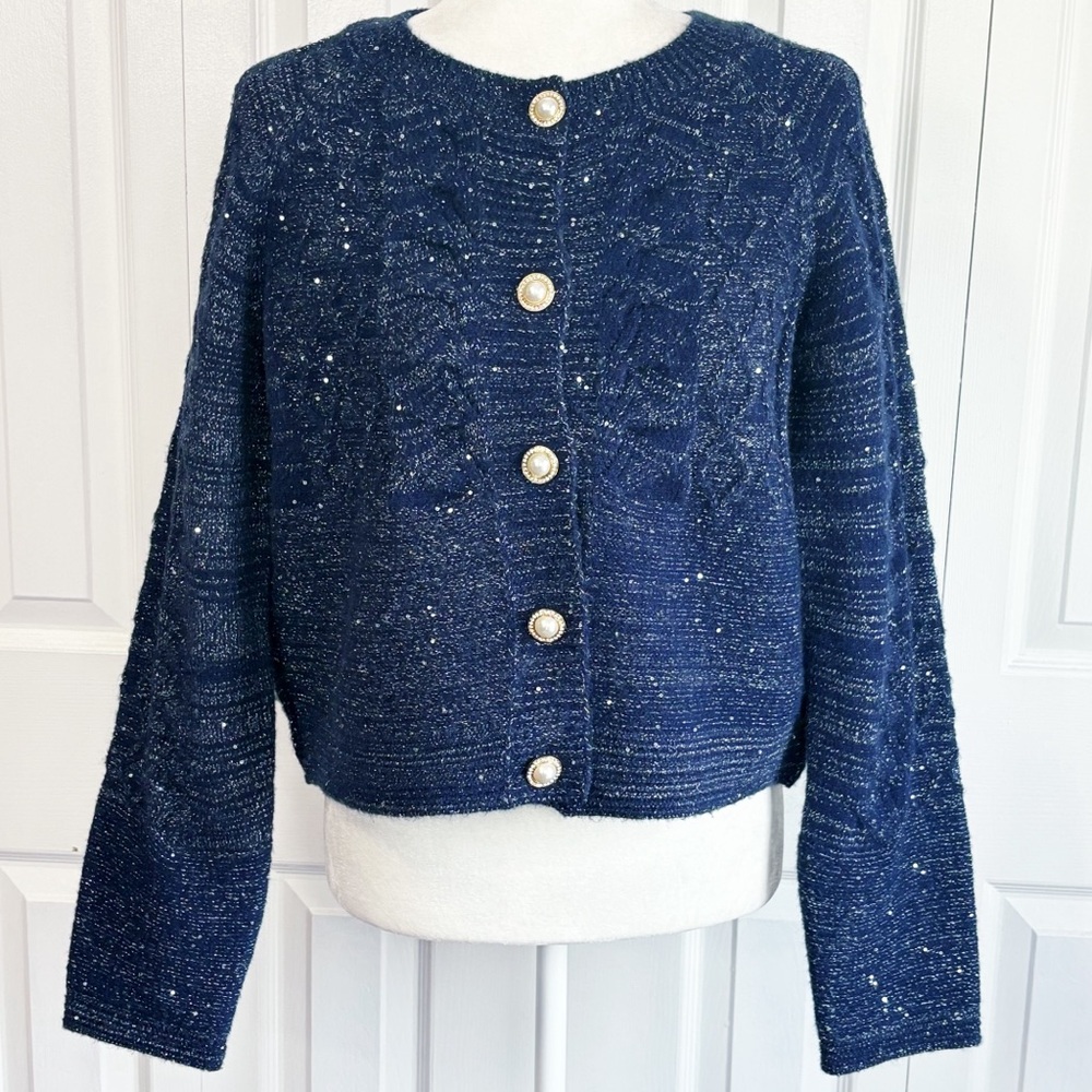 POL Navy Blue Hailee Sparkle Textured Sequin Cardigan Sweater Small